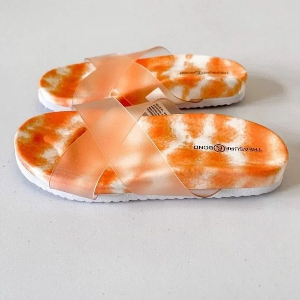 New Treasure & Bond Girls Ellie Clear Cross Toe Tie Dye Orange Slide Sandals 5
